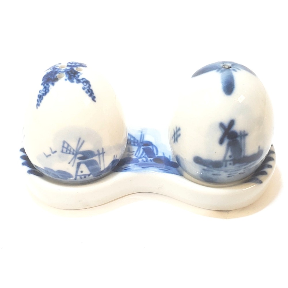 Vintage Delft Blue Hand Painted Salt & Pepper Shakers Windmills with Underplate